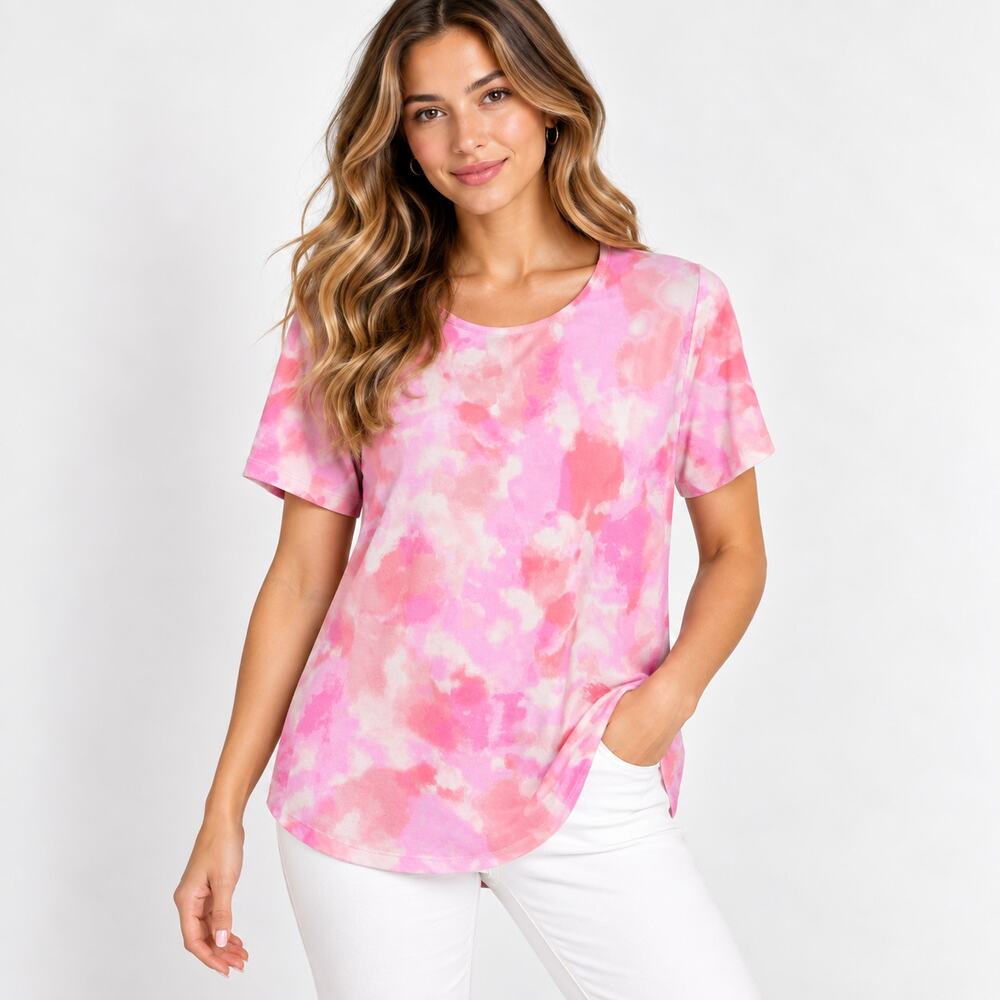 Susan Graver Liquid Knit Blouse Women's Size S/M Pink Tie Dye Casual Office Boho